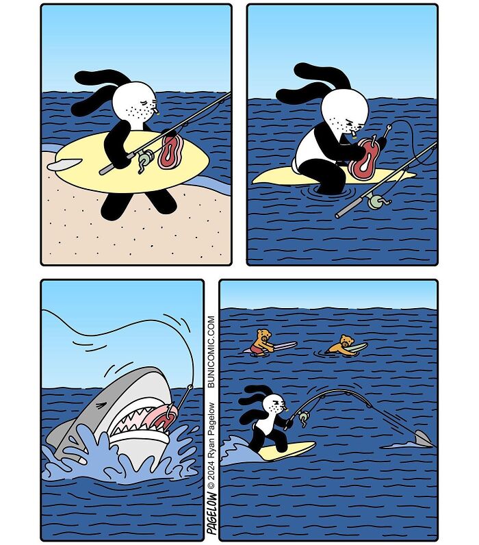 Cute comics by Buni showing a character fishing on a surfboard with unexpected and funny outcomes in the ocean.