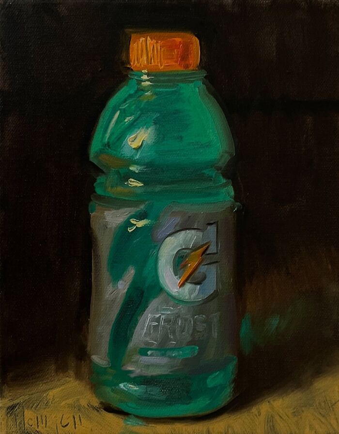 Painting of a Gatorade bottle as modern-day fast food through a classical art lens by an artist.