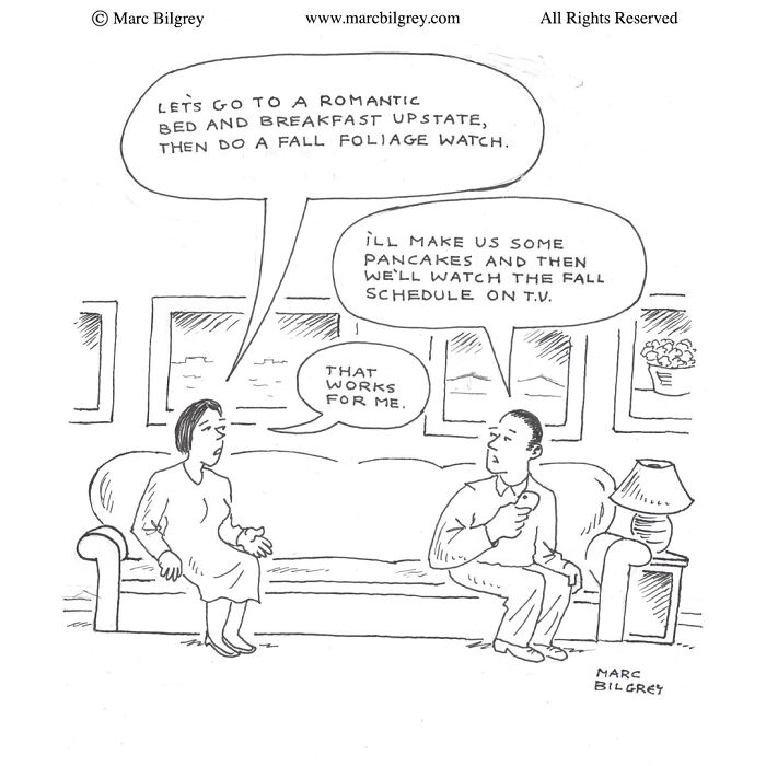 Couple on couch in Marc Bilgrey cartoon discussing romantic plans and fall foliage in witty one-panel comic style.