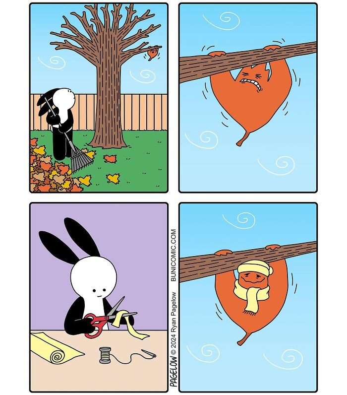 Cute comic by Buni showing a bunny raking leaves and a leaf hanging from a tree in a funny scene.