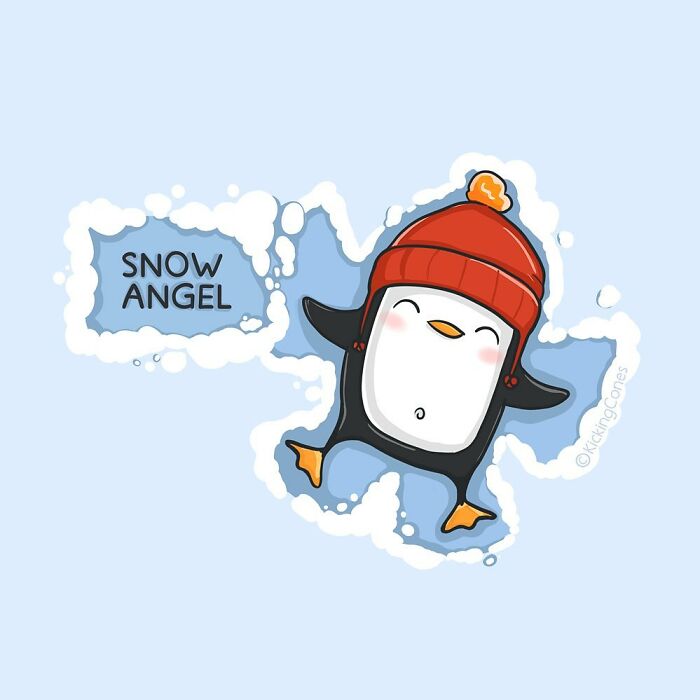 Cute humorous illustration of a penguin in a red hat making a snow angel with wholesome wordplay and unexpected characters.