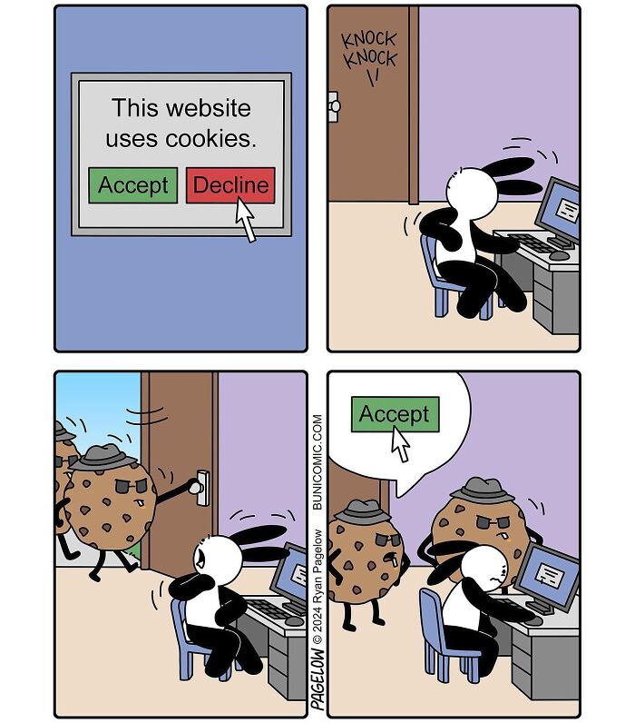 Cute comic by Buni showing a character encountering cookie figures after declining cookie consent online.