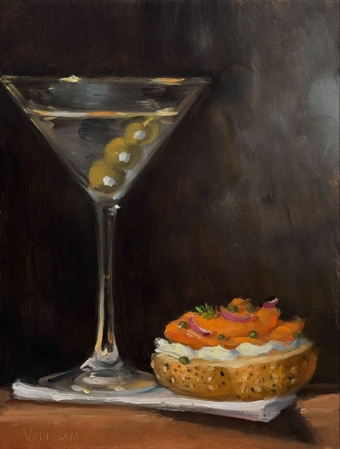 Classical art style painting of a martini and a gourmet bagel representing modern-day fast food.
