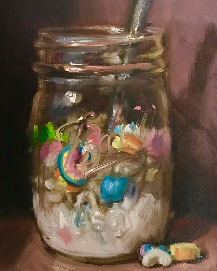 Classical art style painting of a glass jar filled with colorful modern-day fast food candy pieces.
