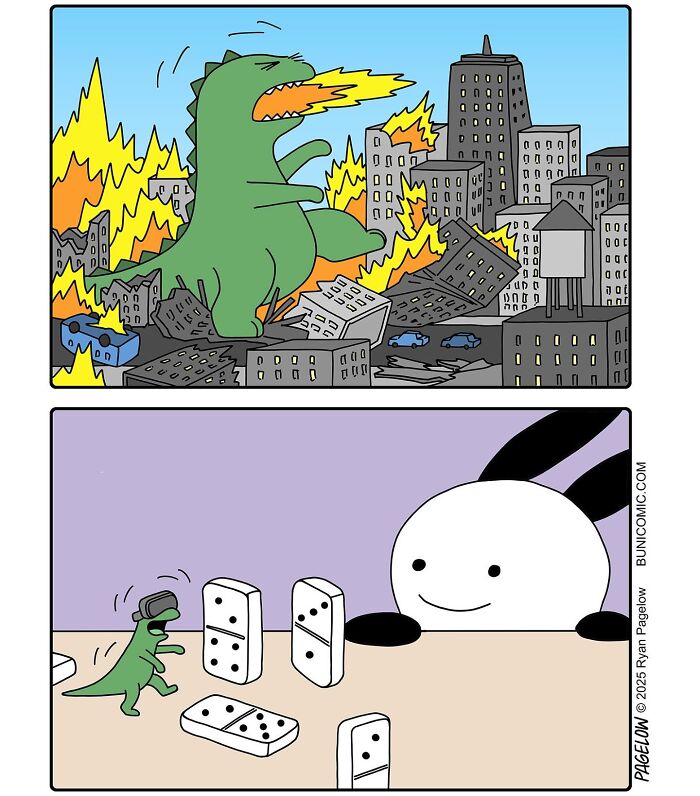 Cute comics by Buni featuring a dinosaur causing chaos and playful dominoes in a humorous cartoon style.