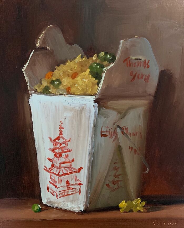 Oil painting of modern-day fast food in a classic Chinese takeout container, blending traditional art style with contemporary food.