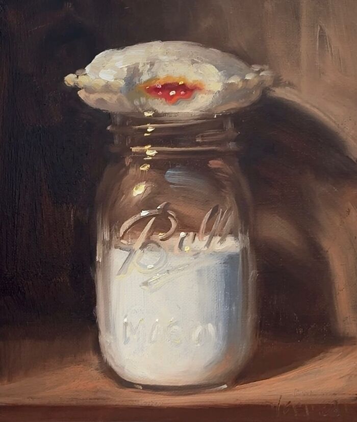 Still life painting of a filled Mason jar with a dumpling on top, blending modern-day fast food and classical art style.