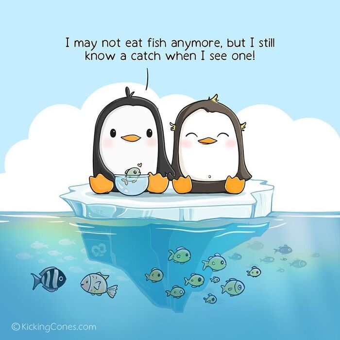 Cute comic by artist shows two penguins on ice with fish below, blending silly and relatable moments in comic art style.