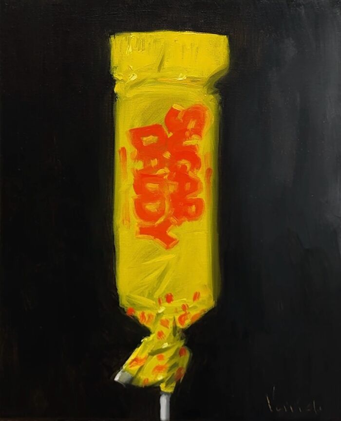 Painting of a candy wrapper representing modern-day fast food portrayed through a classical art lens by an artist.