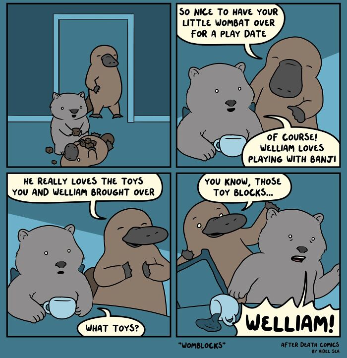 Comic strip featuring cute animals with a slightly weird sense of humor, showing playful interaction and toy confusion.