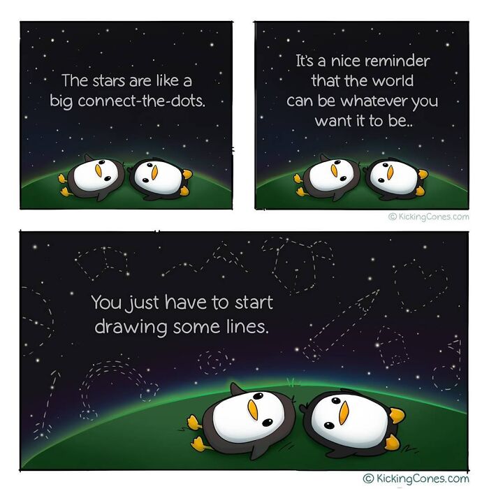 Comic panels with penguins under a starry night sky illustrating relatable and silly moments in artist-made comics.
