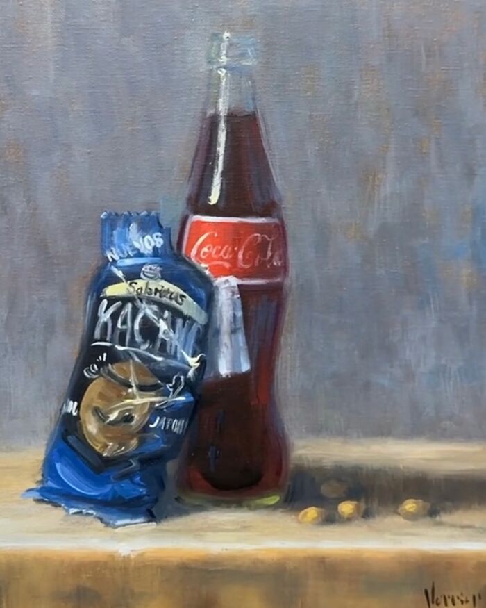 Still life painting of modern-day fast food with a bottle of soda and a bag of snacks in classical art style.