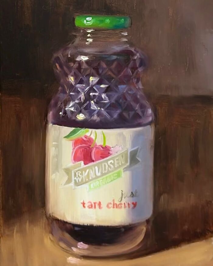 Painting of a tart cherry juice bottle, showcasing modern-day fast food through a classical art lens by this artist.