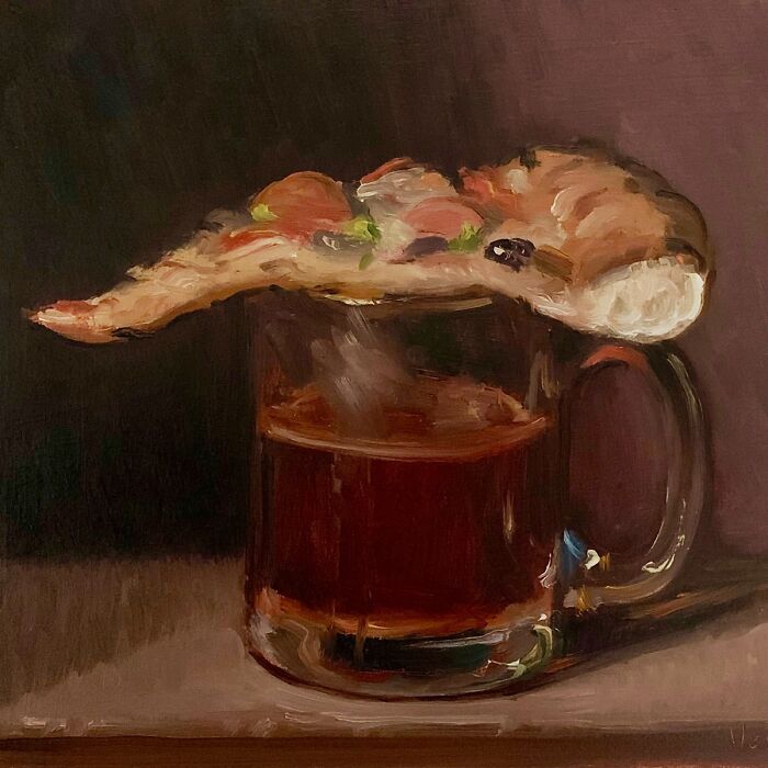 Classical art-style painting of modern-day fast food with a pizza slice resting on a glass mug of dark beverage.