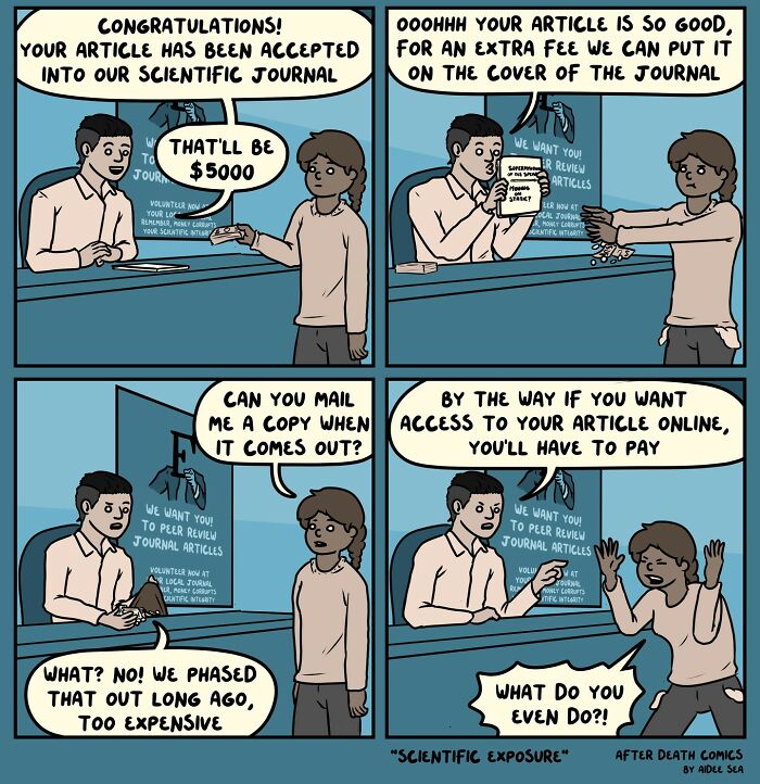 Comic illustrating scientific journal publishing fees in a humorous style for people with a slightly weird sense of humor.