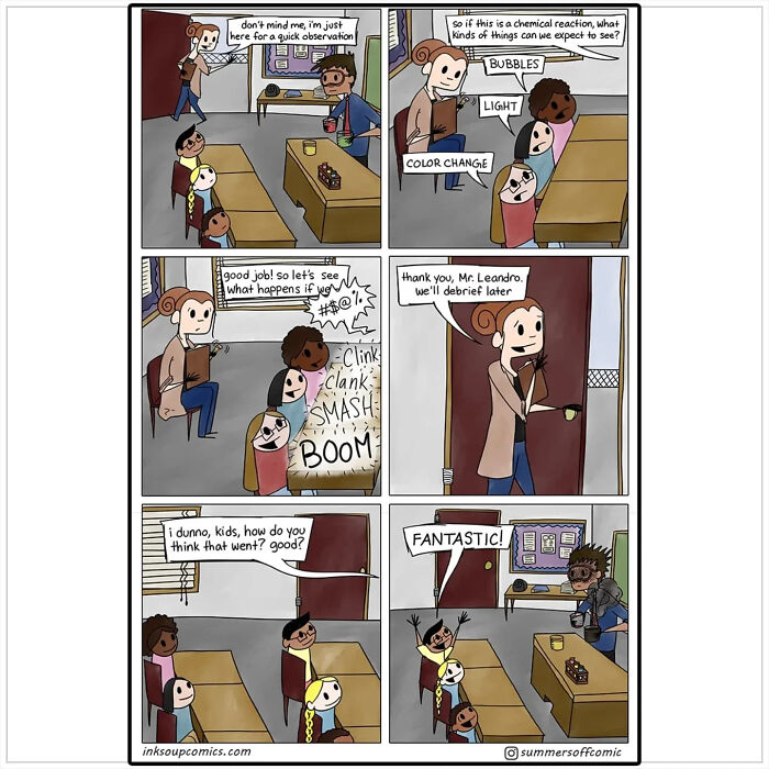 Classroom comic showing teacher managing chaotic kids during a science activity, capturing teacher workload and classroom chaos.