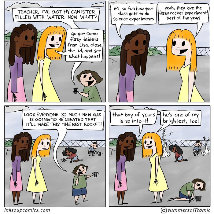 Teacher comic strip showing science experiments with kids, capturing the chaos and workload of new teachers in a school setting.