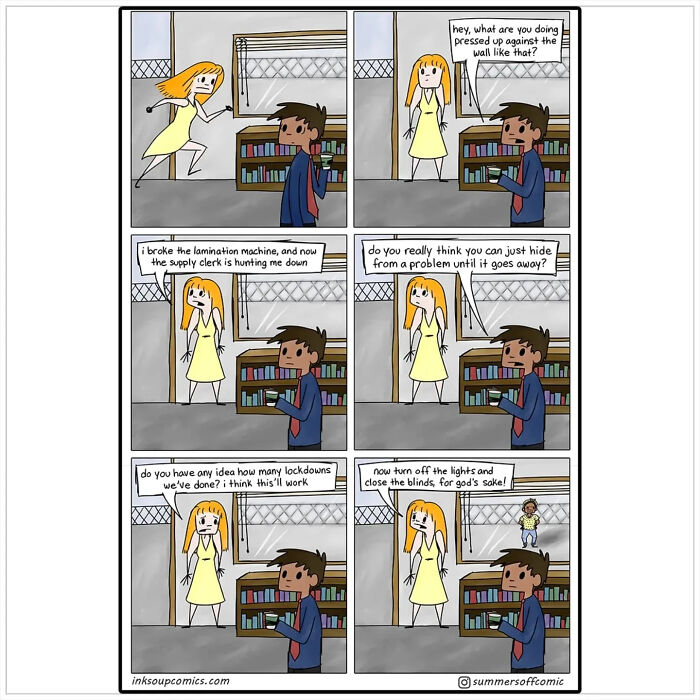 Comic strip showing two new teachers discussing workload and classroom chaos near a window with blinds in a school setting.