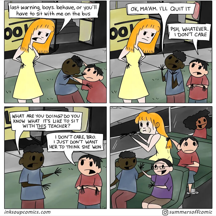 Cartoon showing teacher managing misbehaving kids, illustrating new teacher workload, kids, and classroom chaos humor.