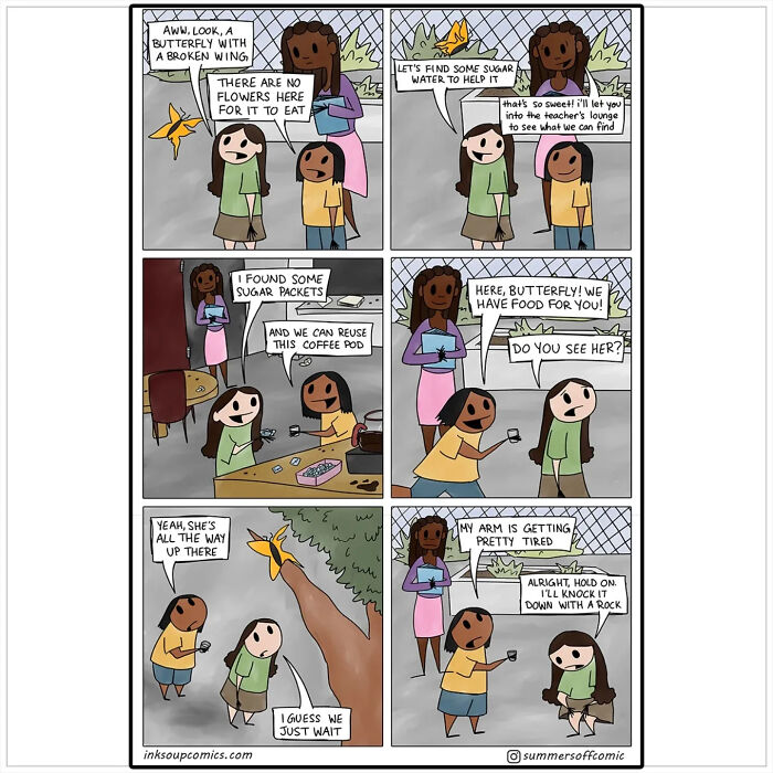 Teacher comics showing students and a teacher caring for a butterfly, capturing the kids and classroom chaos humor.