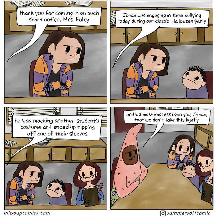 Comic showing a new teacher managing classroom chaos and addressing student behavior during a Halloween party.