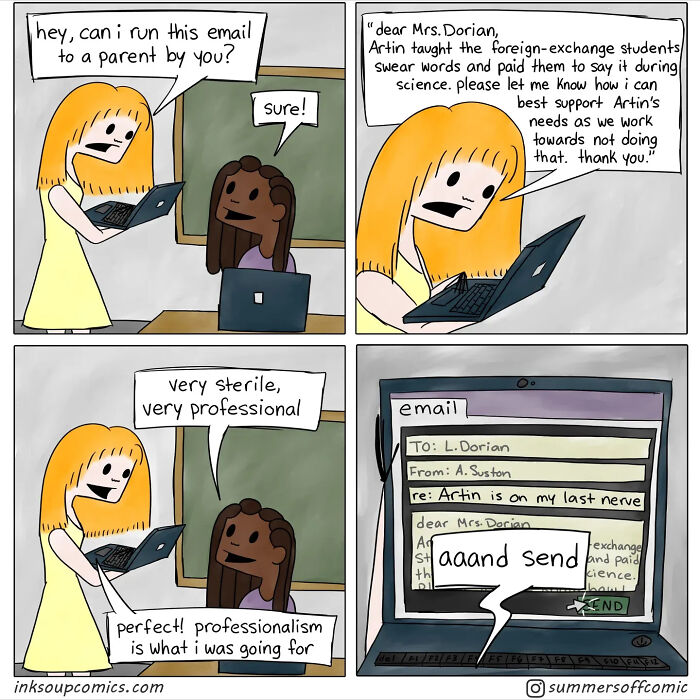 Two teachers discussing a professional email to parents in a comic about teacher workload and classroom chaos.