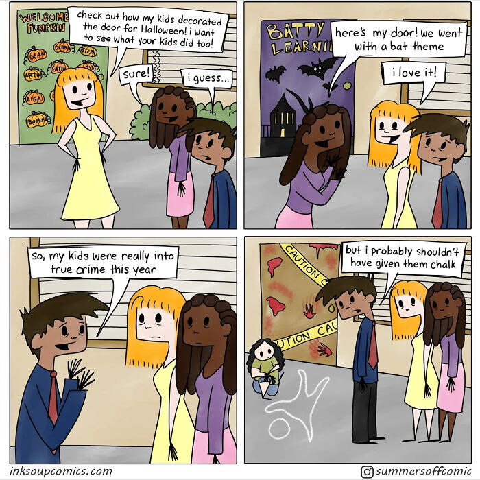 Comic panels showing teachers discussing Halloween door decorations and kids’ true crime interests, capturing teacher workload and classroom chaos.
