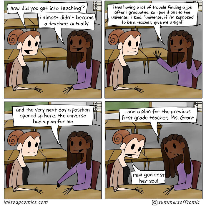 Cartoon comic showing two teachers discussing workload, teaching plans, and the challenges of being a new teacher.