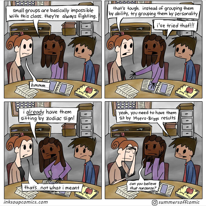 Teacher comics depicting the challenges of managing groups and student personalities in a chaotic classroom setting.