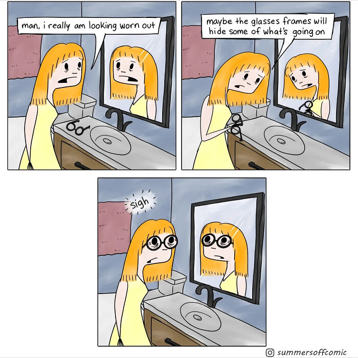 New teacher comic shows a worn-out teacher trying on glasses to hide exhaustion in a humorous classroom workload scene.