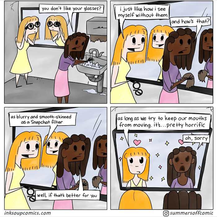 Two teachers humorously discuss glasses and appearance in a comic capturing the chaos and workload of teaching.