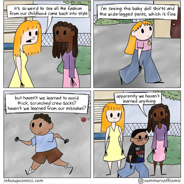 Cartoon showing kids discussing fashion trends and mistakes in a comic style, reflecting teacher workload and classroom chaos.