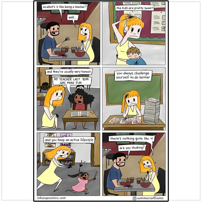 Comic illustrating new teacher experiences with workload, kids' honesty, challenges, and the chaotic teaching lifestyle.