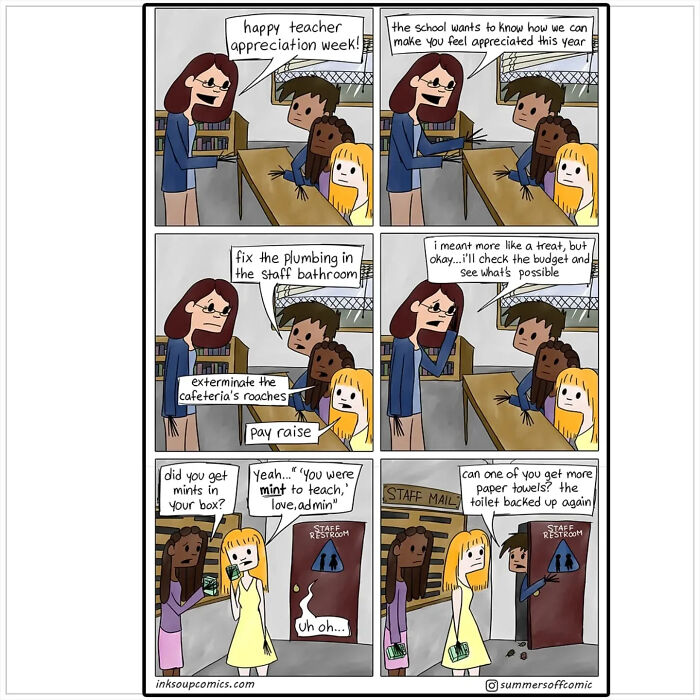Comic strip showing teachers humorously discussing workload, appreciation, and chaos during teacher appreciation week in a school setting.