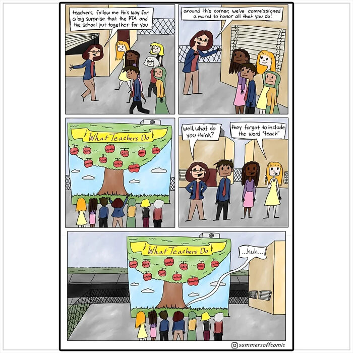 Cartoon showing teachers reacting to a mural titled What Teachers Do with apples representing their workload and care.