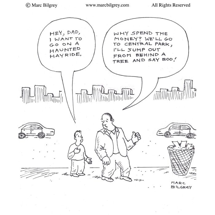 Marc Bilgrey cartoon with a father and son humorously discussing a haunted hayride in a city park setting.