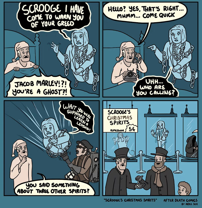 Comic strip with a ghost warning about greed, a phone call, and a joke about Scrooge's Christmas spirits admission.
