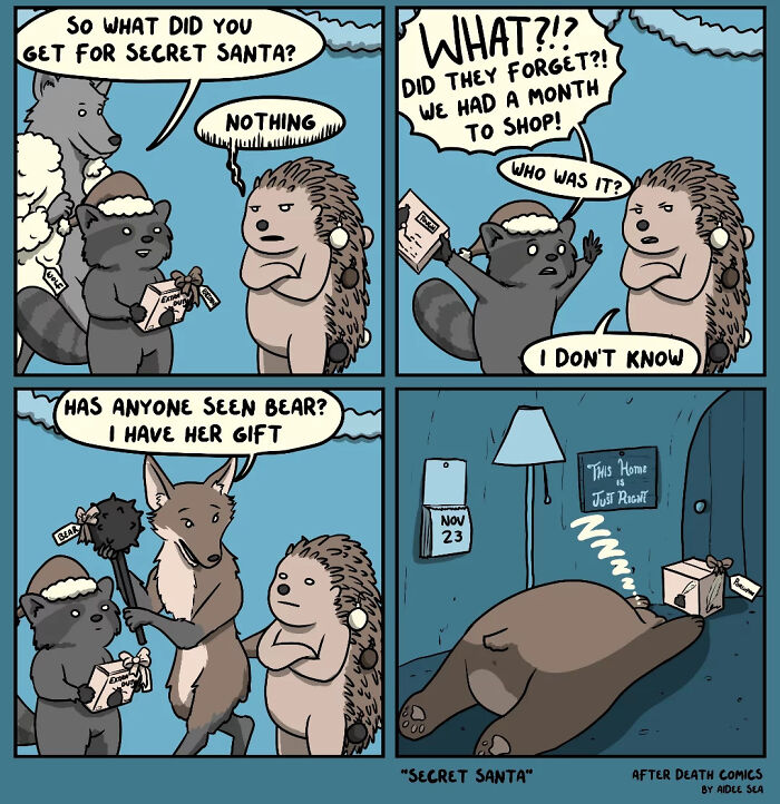 Comic strip featuring animals in a Secret Santa scenario, showcasing weird humor in a 20 new comics collection by Aidee Sea.
