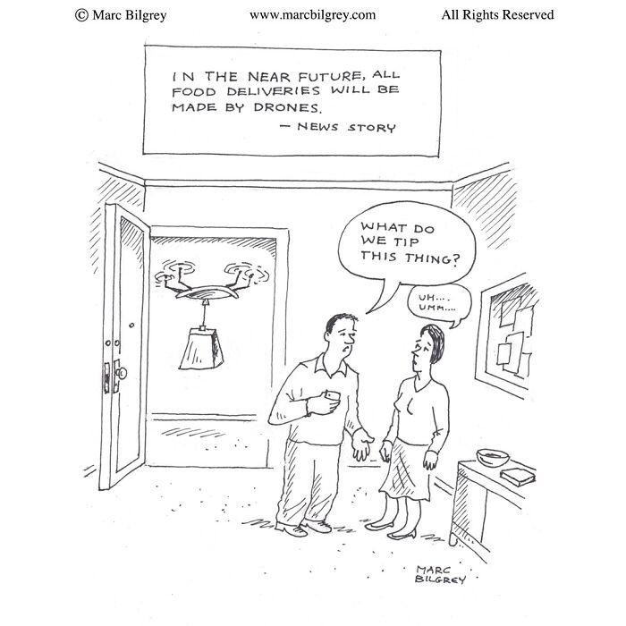 Cartoon by Marc Bilgrey showing a couple confused about tipping a food delivery drone in a witty one-panel comic.