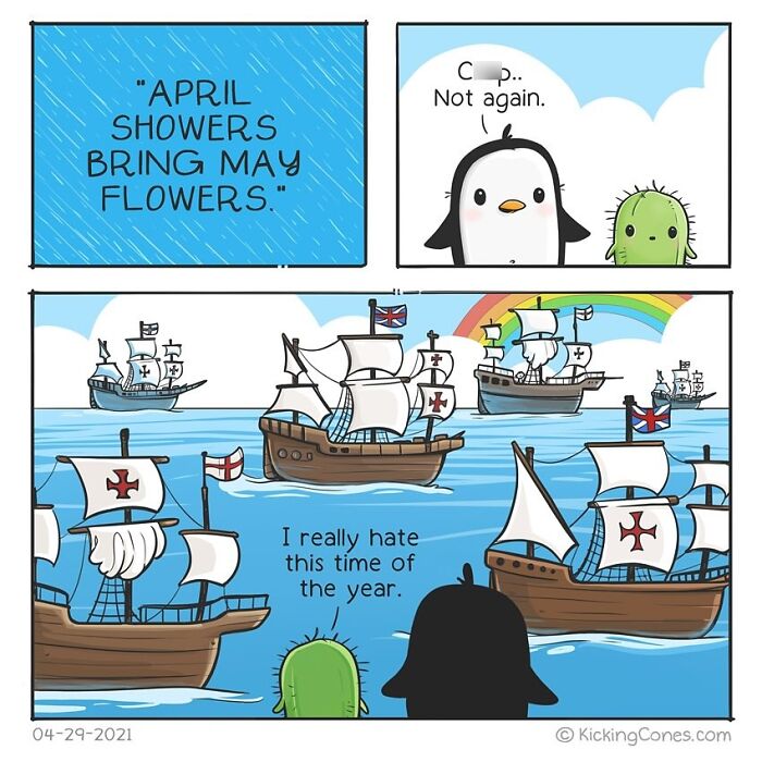 Comic strip featuring a penguin and cactus with sailing ships, showcasing relatable and silly moments from artist-made comics.