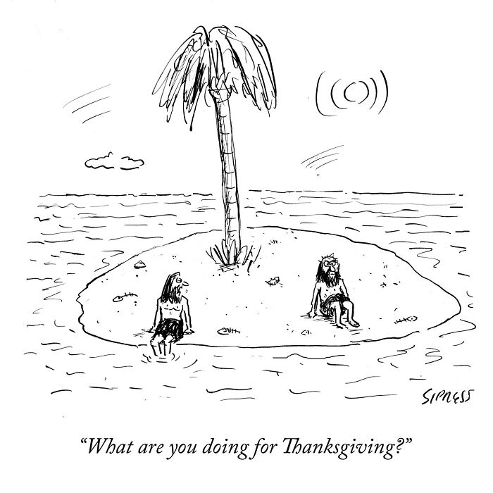 Two castaways on a tiny island with a palm tree, New Yorker cartoons by David Sipress capturing humor and isolation.