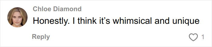 User comment by Chloe Diamond expressing that she finds the influencer&rsquo;s new cubic jeans whimsical and unique.