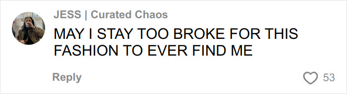 Comment from user Jess in a social media post debating influencer&rsquo;s new cubic jeans fashion trend.