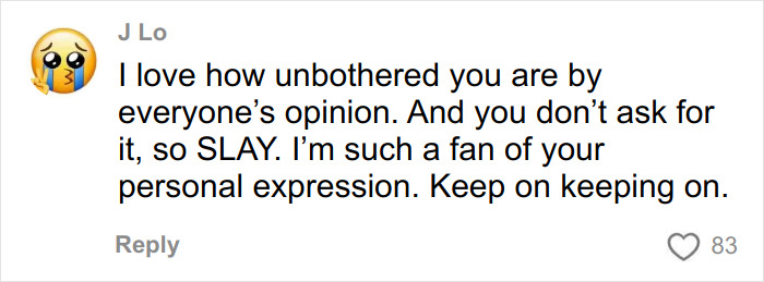 Social media comment praising influencer's personal expression and cubic jeans style despite public opinion debate.