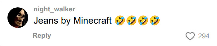Comment on social media post reading Jeans by Minecraft with laughing emojis, highlighting debate on cubic jeans.