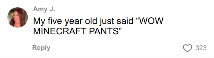 Social media user Amy J. reacting to cubic jeans, calling them Minecraft pants in an online comment.