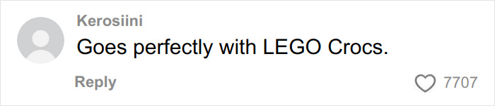 Comment saying goes perfectly with LEGO Crocs, with 7707 likes, discussing influencer's new cubic jeans on social media.