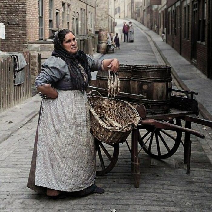 Woman in traditional clothing holding fish by a cart on a cobblestone street, showcasing history of humanity.