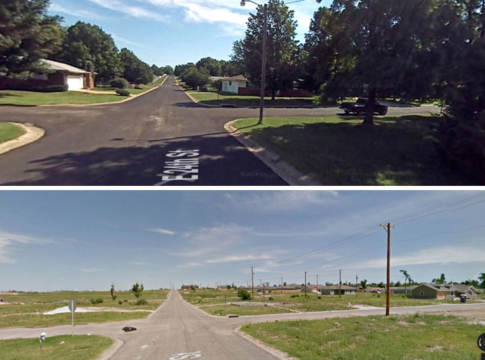 Dramatic before and after pics showing a neighborhood street with trees and houses, then after storm damage removal.