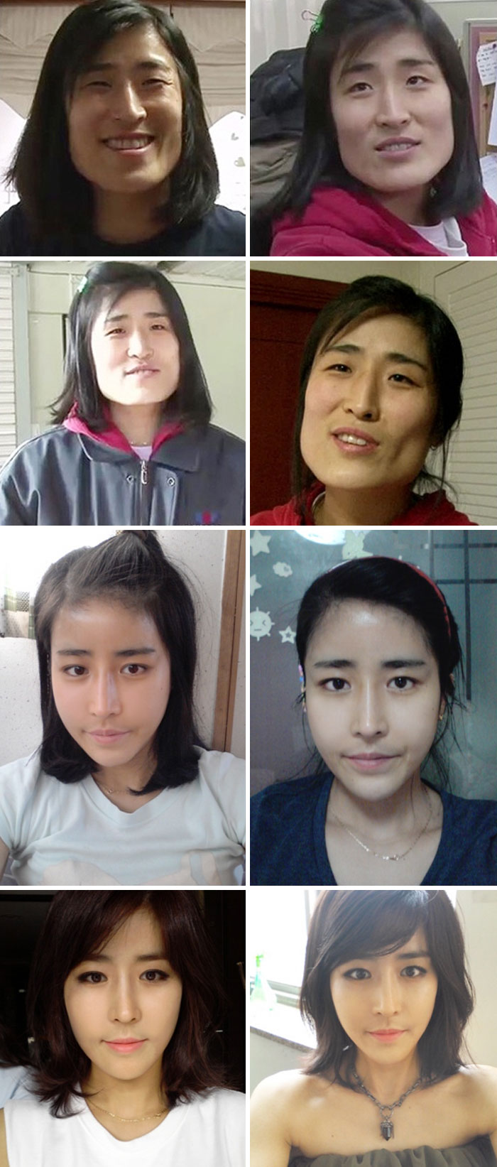 Before and after transformation photos showing dramatic changes in appearance of a woman in multiple side-by-side shots.